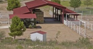 a shed row metal roofed horse barn with several outdoor runs